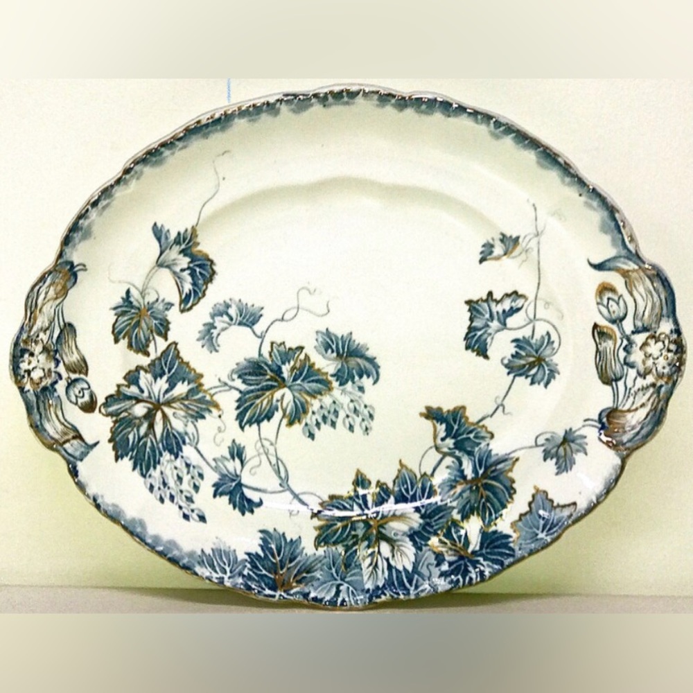 Vintage JOHN MADDOCK & SONS Virginia Slate Blue Gold Trim Oval Serving Plate